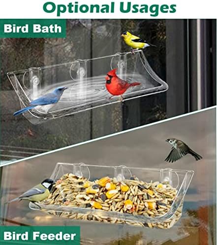 Mokeyder Clear Bird Bath Bird Feider For Outhere Window Glass, транспарентен птичји чаши со силни чаши за вшмукување за прегледување,