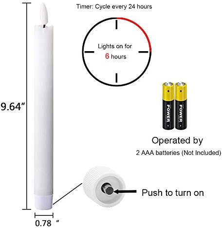 Драманс ЛЕР Белешки бели свеќички со бели затегнати батерија оперирана со 6 -часовен тајмер, 9,6 инчи вистински восок 3D фитил на фитили