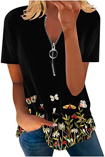 Lcepcy женски цветни печати v вратот со краток ракав Туника на врвови на летни бои во боја, лабава кошула со патент