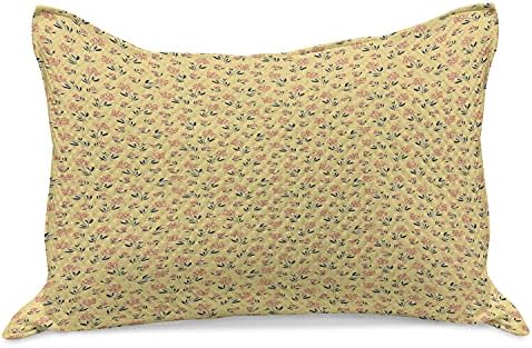 Ambesonne цветни жолти плетени ватенка перници, гроздобер стил Едноставни цвеќиња и лисја, стандардно капакот на перницата со големина на кралот за спална соба, 36 x 20, ко