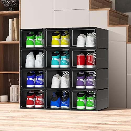 Кутии за складирање чевли X-големи, 8 пакувања црна кутија за чевли чиста пластична стабилна, пластични кутии за чевли со капаци, складирање