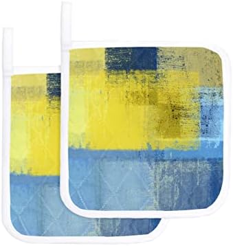 Кујнски Полтер сет од 2, сини жолти градиенти за геометрија држачи за тенџере со топлина, топла подлога, апстрактно уметничко масло за сликање