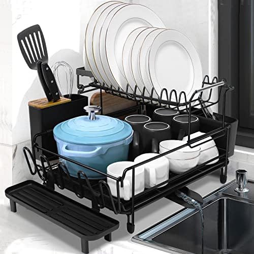 Runnatal Големо решетка за сушење на садови со сет за одводнување, продолжена решетка за садови, држач за прибор, држач за чаши, решетка