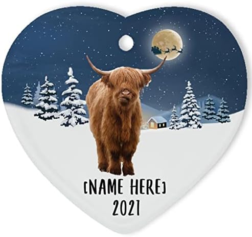 Шкотски Хајленд крави украси за елка за 2023 година Персонализирано име подароци 2024 Новогодишна ноќ украси бело срце