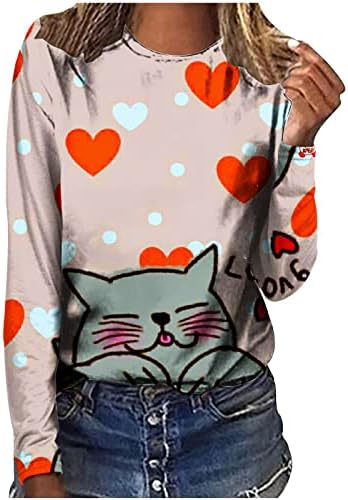 Кошули За Денот на вљубените За Жени Слатки Животински Графички Долги Ракави Дуксери Меки Блузи На Екипажот Пуловери