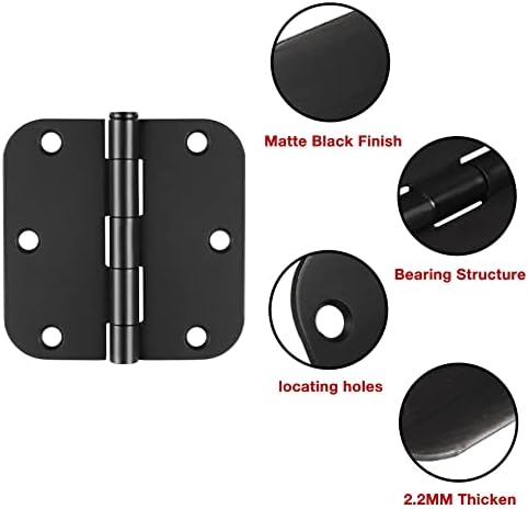 6 пакувања шарки со црна врата 3,5 x 3,5 инчи мат црна врата шарки за врати 3 1/2 заоблени внатрешни шарки на вратите на вратите од 5/8 инчи радиус