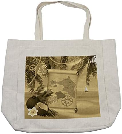 Торба за купување мапа на островот Амбесон, монохроматска ретро богатство мапа на тропско бегство песочна плажа со дланки егзотична,