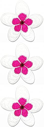 Еднаш x 3 парчиња. Бела розова пумерија налепница за цвеќиња извезено железо на закрпи Симпатична шиење на закрпи апликации Дизајн DIY