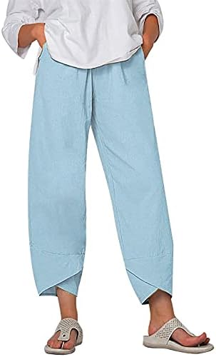 XXBR жени памучни постелнина капри панталони, палацо салон панталони широки нозе печатени исечени дното на широки панталони со џебови