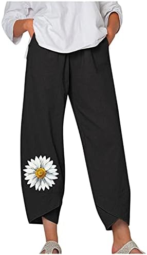 Обични панталони со капри за жени со памучни постелнини со памучни подножје, цветни печати летни плажа хареми панталони со џебови