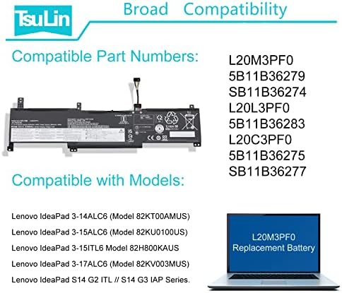 L20M3PF0 45Wh Laptop Battery Compatible with Lenovo IdeaPad 3-14ITL6 3-15ITL6 3-17ITL6 / S14 V14 V15 V17 G2-ITL G3-IAP / K14 Series L20C3PF0