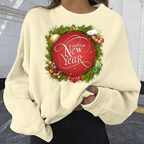 Среќни новогодишни украси печатени врвови за жени Симпатична маичка со преголема долга ракав пулвер маичка кошула