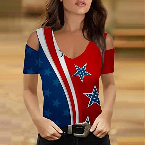 Женски ладно рамо на 4-ти јули врвови 2023 година патриотски кошули исечени кратки ракави празници блуза во САД знаме маица за печатење