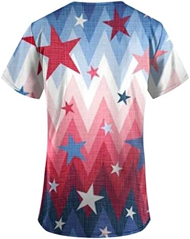 Американско знаме печатено работна облека за жени V-вратот симпатична патриотска чистачка блуза со маица со туники со 2 странични
