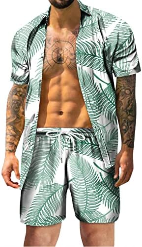 Стоута машки хавајски тренерки за секојдневно копче надолу кошули со кратки ракави и кратки облеки за одмор од 2 парчиња поставени костуми на