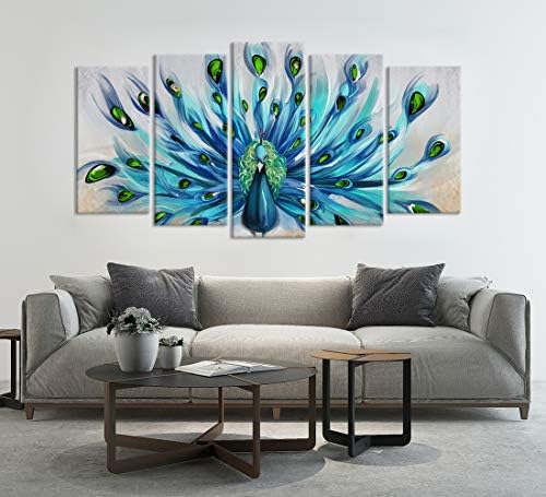 Zlove 5 парчиња платно wallидна уметност чаша сина зелена паун што ги прикажува своите прекрасни пердуви на сликарство на животни на