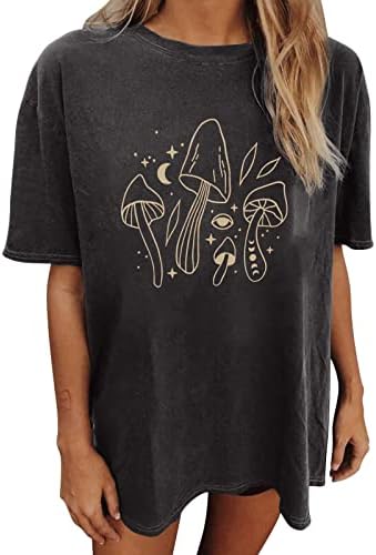 2023 Womenените летни врвови на Сонцето Месечина од печурки графички маици гроздобер лабава блуза краток ракав Туника тинејџерски девојки обични