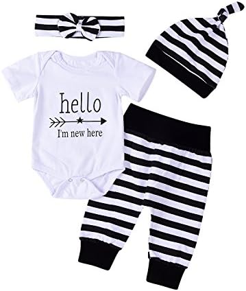 Новороденче 4 парчиња постави Outfit шарена качулка со ромпер -комбинезон+ шарени долги панталони и капа