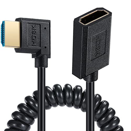 Кабел за продолжение на Qaoquda 8K HDMI, 4FT Coiled HDMI 2.1 машки до женски кабел за спирален екстендер со агол од 90 степени,