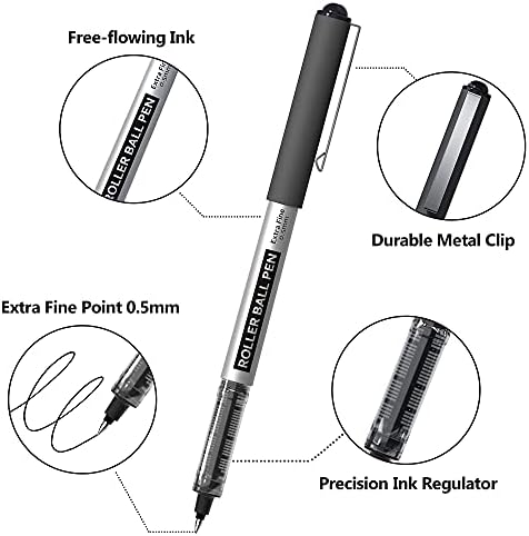 Пенкала за шатл -уметност ролерболи, 25 пакувања црни фини точки топка пенкала, 0,5 мм течно мастило пенкала за пишување списание за белешки