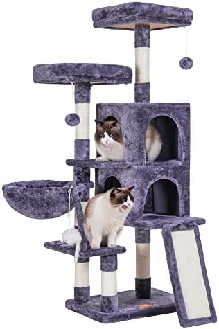 Heybly Cat Tree Cat Кула за мачки во затворен простор, мебел со мулти-ниво на мачки кондо со табла за гребење, пушачки сив HCT012G