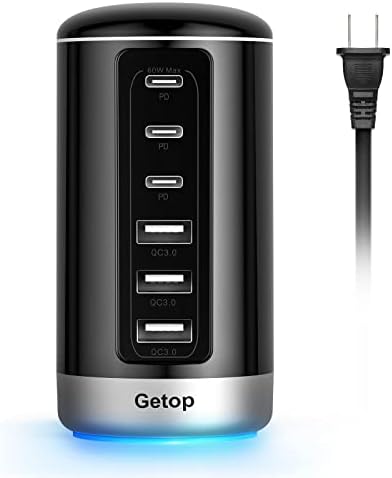 Getop 60W USB C полнач, Компактен 6 порти Брза USB станица за полнење, преносен USB C -десктоп полнач со 3 USB C и 3 USB A за сите iPad