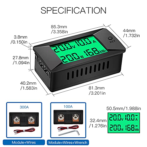 DC Multifunction Monitor Monitor Monitor, 0-300V, 0-100A Вграден шант, широко применет на батерија од 12V/24V/48V RV/автомобил,