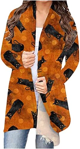 Џемпери за жени за Ноќта на вештерките мачка тиква печатена отворена предна плетена кардиган надворешна облека со долг ракав одговара