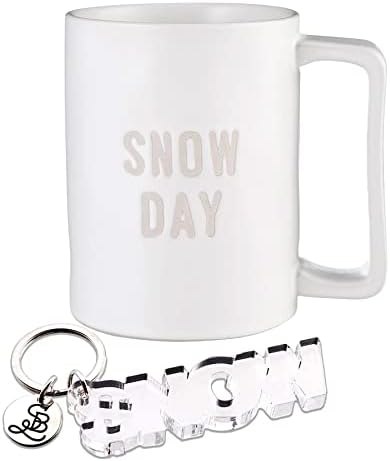Сет за зимски подароци за снег за снег вклучува 16oz керамика бела мат кафе кригла со букви од снег и акрилен снежен клуч на клучеви