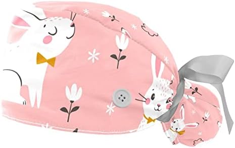 Цртеж од цртани филмови со бели зајаци розово прилагодливо работно капаче со држач за конска опашка, 2 пакувања чистејќи капа за капа