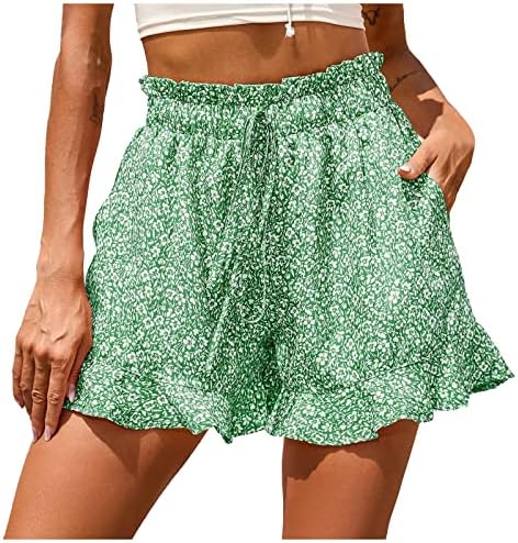 Обични шорцеви за женски басисин, еластични високи половини, рафли, цветни печати удобни летни плажа кратки панталони со џеб