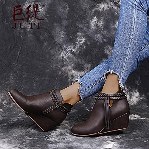 Shije Women'sенски клин глужд чизми мода бујни клинови платформа се лизгаат на чизми за глуждот кратки западни чевли чизми за етнички стил патент