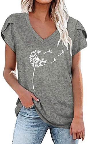 2023 година со кратки ракави памук vneck графички глуварче печатење цветна блуза маица за дами есен летен салон маица
