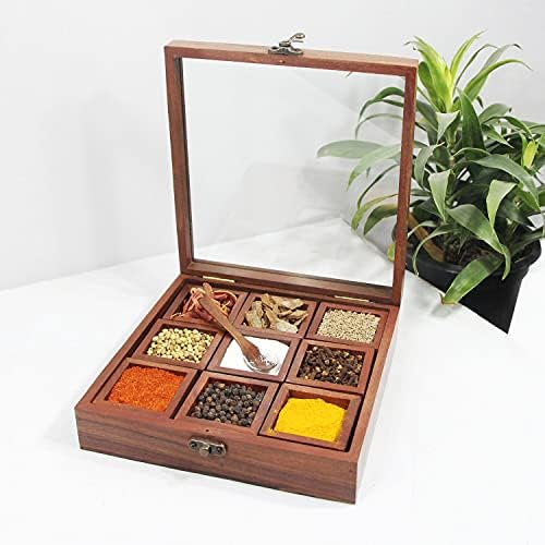 Кутија за зачини од дрвена стакло со табела со антички заклучување во 9 секција Организатор на дрвени зачини и масала даба, кутија