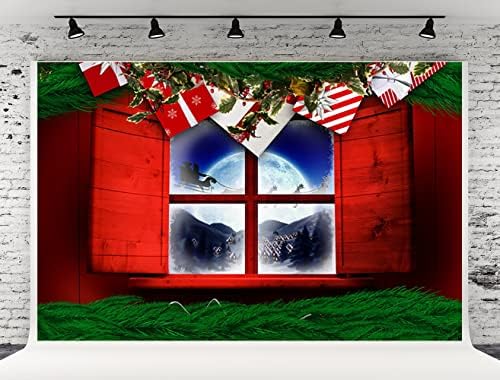 20x10ft Црвено Божиќно дрво прозорец Фотографија позадина црвена Божиќна транспарент Дедо Мраз ирваси на ирваси полна месечина позадина