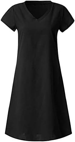 Fragarn женски обичен печатен фустан со должина на коленото V-врат пулвер лабав фустан со краток ракав