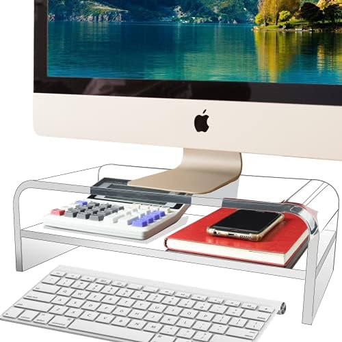 Tinomar Acrylic Monitor Stand 2 Tier, компјутерски монитор штанд за iMac, компјутер, работна површина, лаптоп, ТВ екран, печатач со