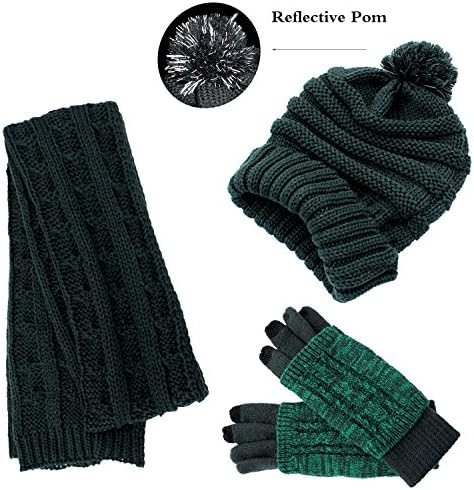 Топла шамија на ракавици за ракавини, сет - кабелски плетен зимски подарок сет за пом капа на допир нараквица долга шамија 3 компјутери поставени