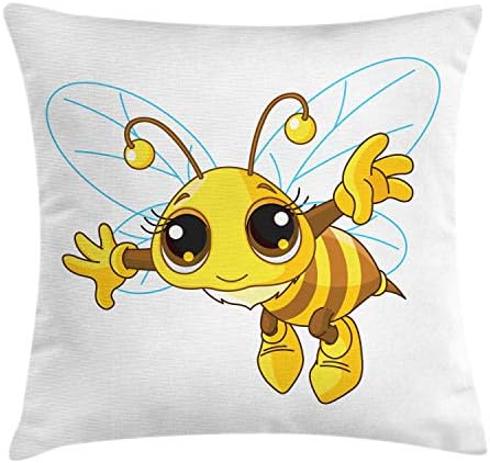 Зачудувачки меден пчела фрли перница за перница, инсект со очи и цртан филм на крилја, украсен квадратен акцент на перница, 36 x 36, сенф