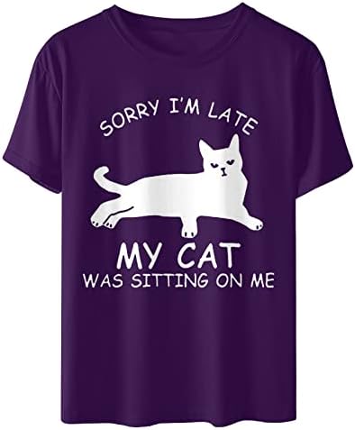 Виолетова дами маички кратки ракави блузи маички екипаж мачка буква графичка опуштена вклопена каваи животинска маици 2023 л