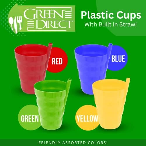Зелена Директна Чаша со Слама 10 мл. Пластична Чаша Со Вградена Слама За Деца Избрани Бои Пакет од 4