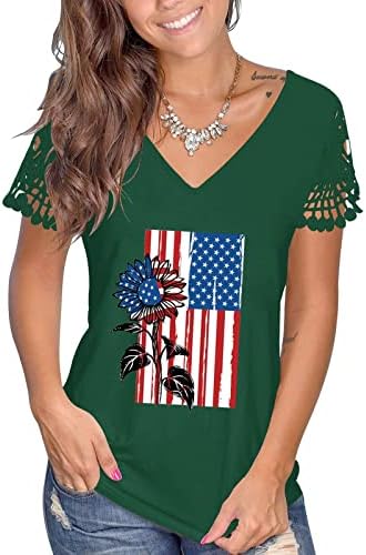 Women'sенски летни кошули V-вратот Денот на независноста Печатено врвови на блузи со кратки ракави за појдовна обична маичка