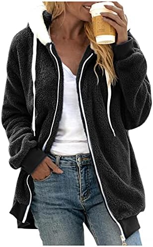 Nlomoct Зимски палто за жени плус големина, зашивање џебно фаукс за склопување на патент на џемпер на џек -маица, обичен руно,