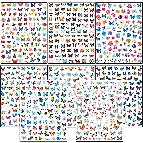 8 листови налепници за уметност на животни со животни со 8 чаршафи налепници за уметност за нокти на пеперутка
