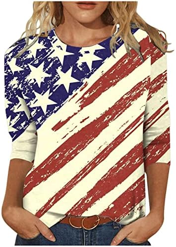 ЗЕФОТИМ 4 јули Кошули Жени 2023 3/4 Ракав О Врат Обични Летни Трендовски Блузи Со Американски Знамиња