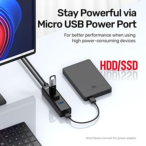 Unitek 4-PORT USB 3.0 Hub, 4 Ft Долг КАБЕЛ USB Продолжување Повеќе Порт Сплитер Со Микро USB Порта За Полнење Компатибилен За Windows
