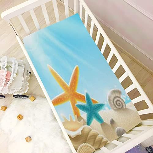 Опремени чаршафи за креветчиња, летна плажа од школка со плоча за бебиња за бебиња за девојчиња за момчиња, прицврстено за постелнина за