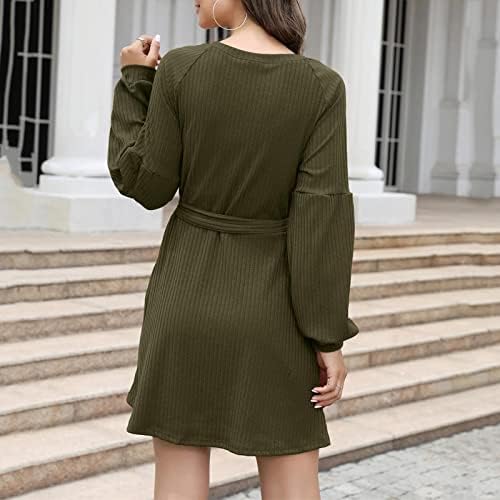 Ofенски женски џемпер фустан 2022 Зимски моден темперамент плетен појас цврста боја со долги ракави облекување џемпер