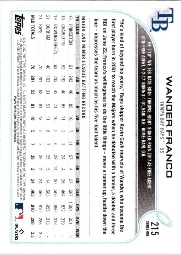 2022 Топпс 215 Wander Franco RC Rackie Tampa Bay Rays Rays Series 1 MLB картичка за тргување со бејзбол