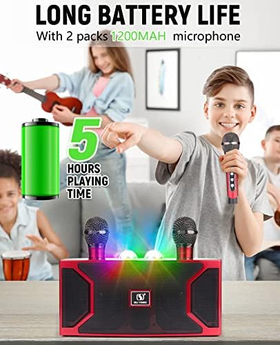 Преносна машина за караоке Jiefoch со 2 безжични микрофони за возрасни и деца - Bluetooth конекција, вклучени шарени LED танцови светла